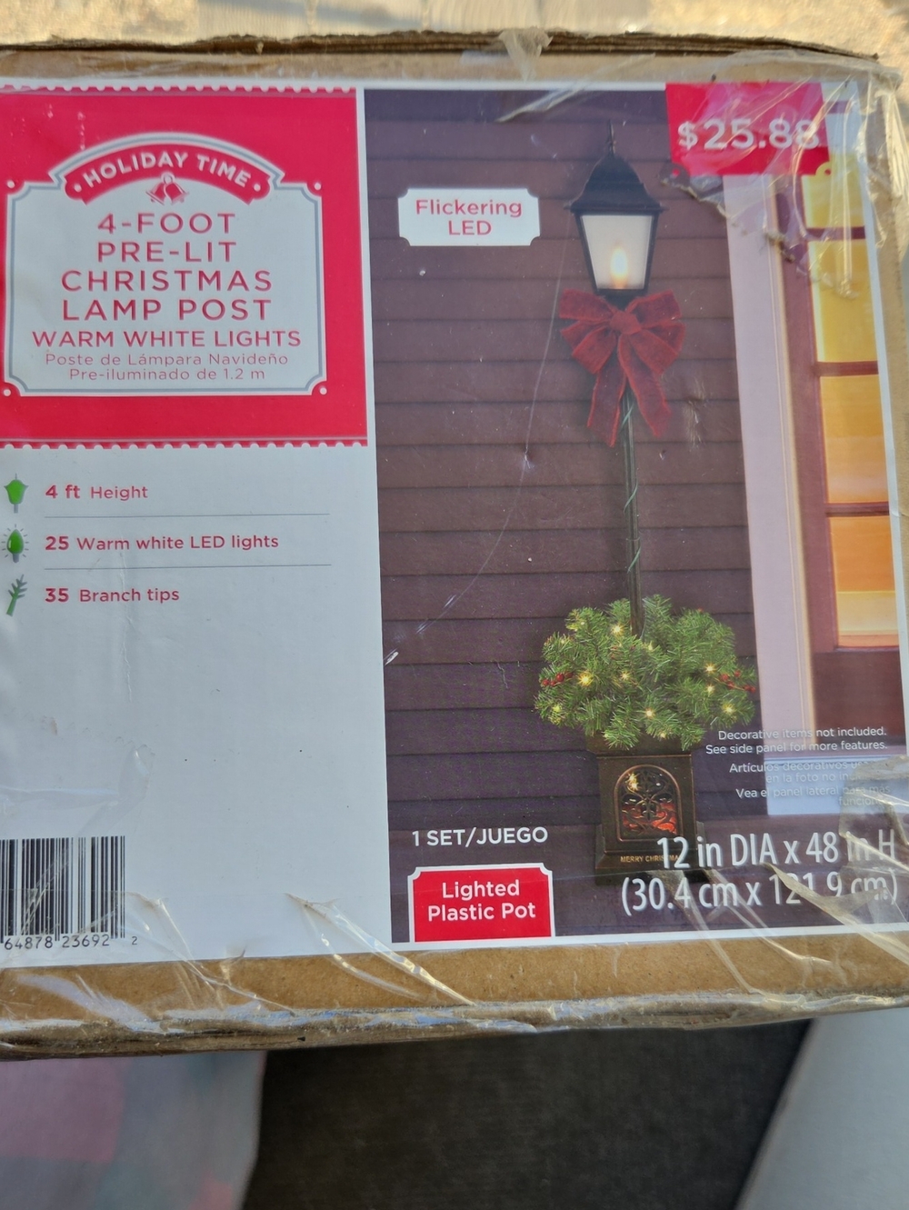 Holiday Time Black Lamp Post with Warm White Lights and Green Garland